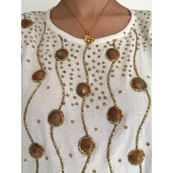 80s white embellished seashell gold funky retro beach vacation cotton tee shirt - Picture 7 of 9